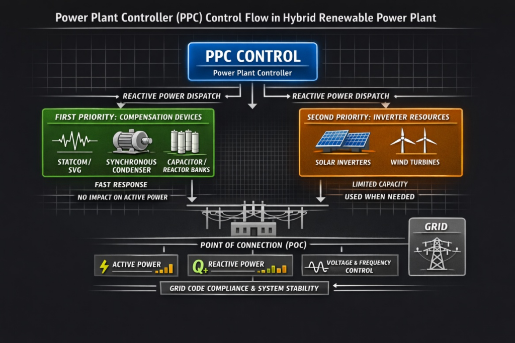 PPC Control Philosophy in Hybrid Renewable Power Plants