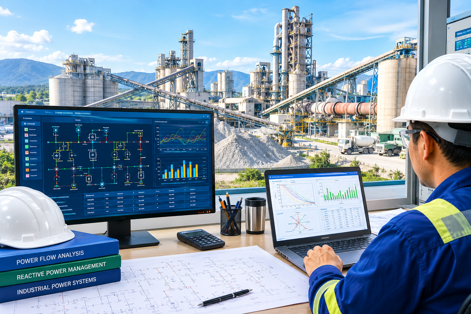 Engineer reviewing ETAP load flow and reactive power management dashboards for a cement plant electrical network, with the cement plant visible in the background